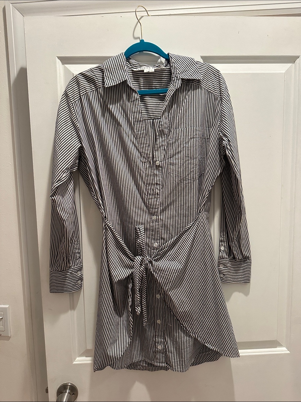 Veronica Beard Black & White Striped Tie-Waist Shirt Dress